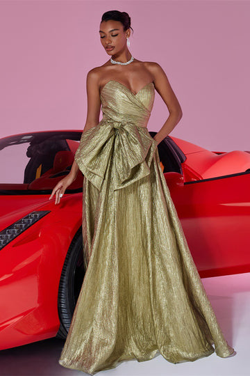 Strapless A Line Bowed Golden Evening Dress